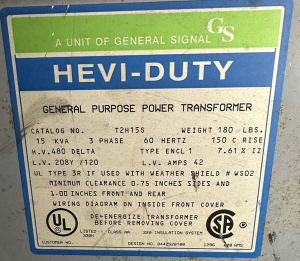 HeviDuty T2H15S 15 KVA Transformer 480V HV 208Y/120 LV 3 Phase 60 Hz