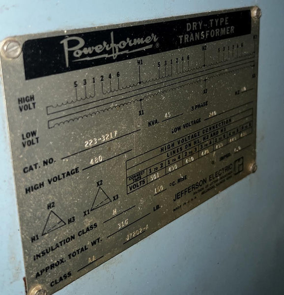 Jefferson Electric 2233217 45 KVA Transformer 480V HV 240V LV 3 Phase
