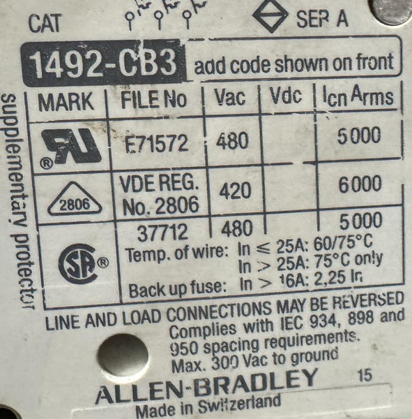 AllenBradley 1492CB3 Circuit Breaker 16 Amps 300 VAC Series A
