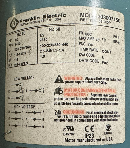 Franklin Electric 1303007150 Motor 1/2 HP 3Phase 3450 RPM 208230/460