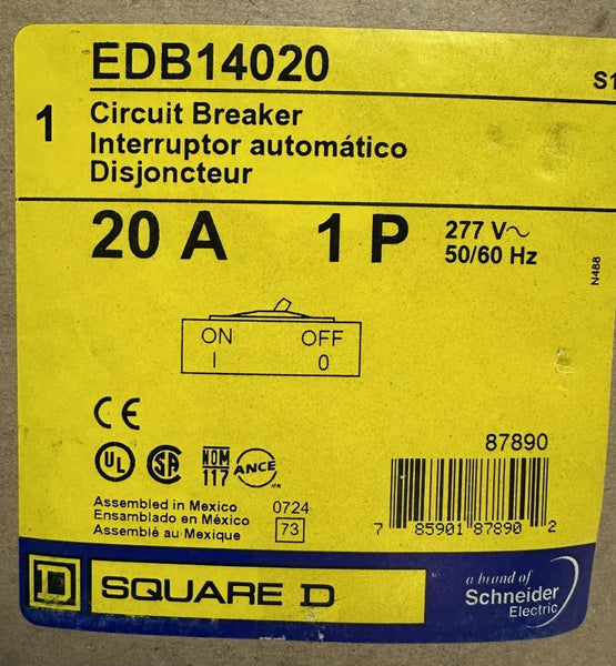 Square D EDB14020 20A 1-Pole 277V Bolt-On Miniature Circuit Breaker - New Open Box