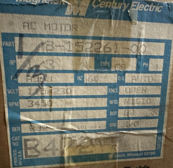 B472 Century AC Motor 1/3 HP 3450 RPM 115/230V 60 Hz Single P