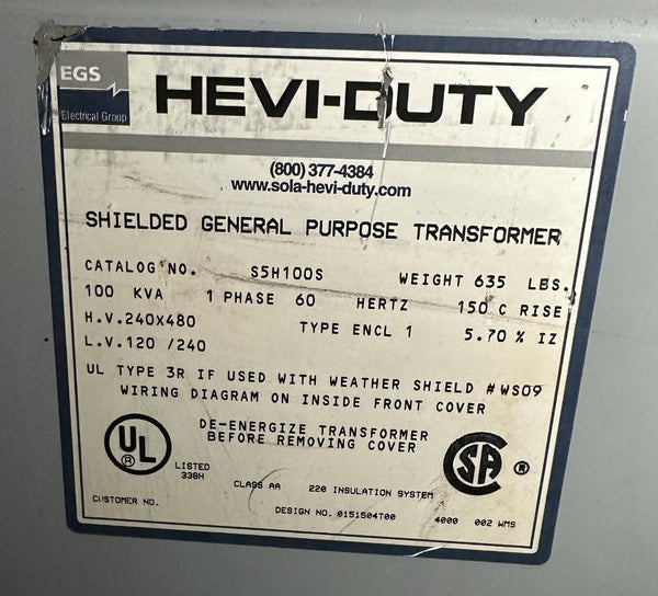 EGS HeviDuty S5H100S 100 KVA Transformer 240/480V HV 120/240V LV 1 Ph