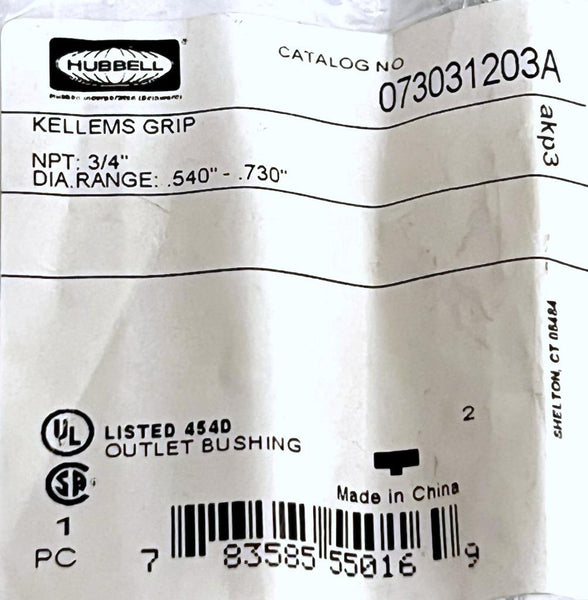 Hubbell 073031203A Kellems Grip 3/4" NPT .540.730 Diameter Range