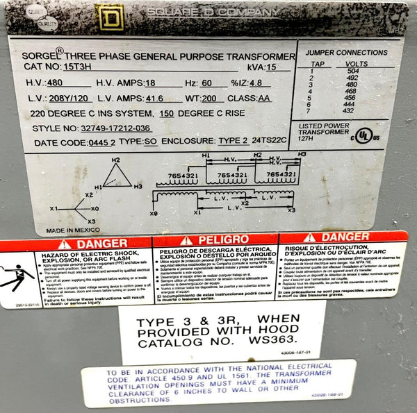 Square D 15T3H 15 KVA Transformer Dry Type 480V to 208/120V 3 Phase
