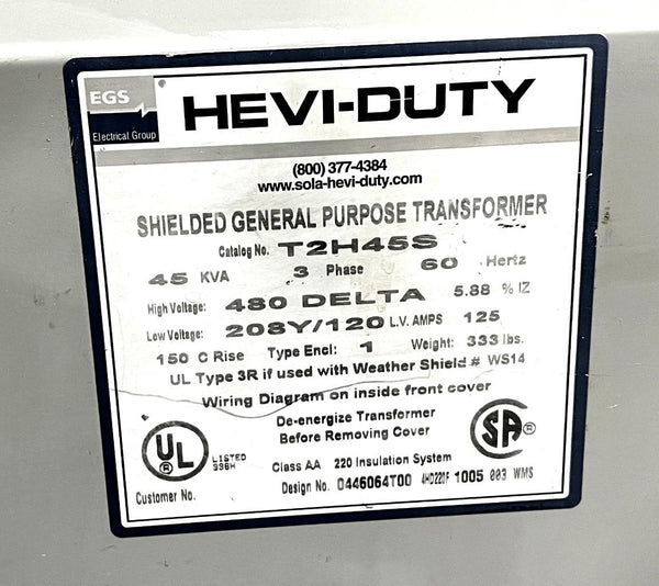 EGS HeviDuty T2H45S 45 KVA Transformer Dry Type 480V D to 208/120V 3