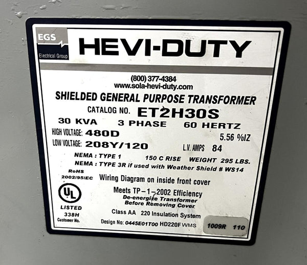 EGS HeviDuty ET2H30S 30 KVA Transformer Dry Type 480V D to 208/120V 3