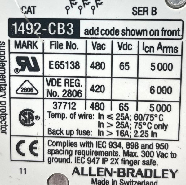 AllenBradley 1492CB3H200 Ser. B Circuit Breaker 3Pole 20A 480VAC DIN