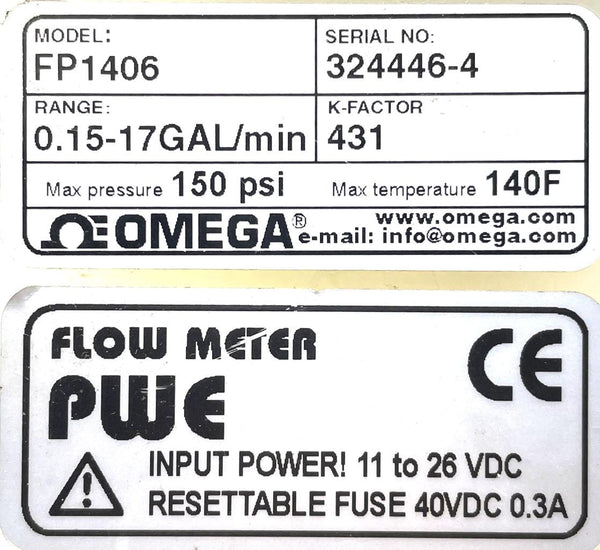 Omega FP1406 Digital Plastic Paddlewheel Liquid Flow Meter 0.1517GAL