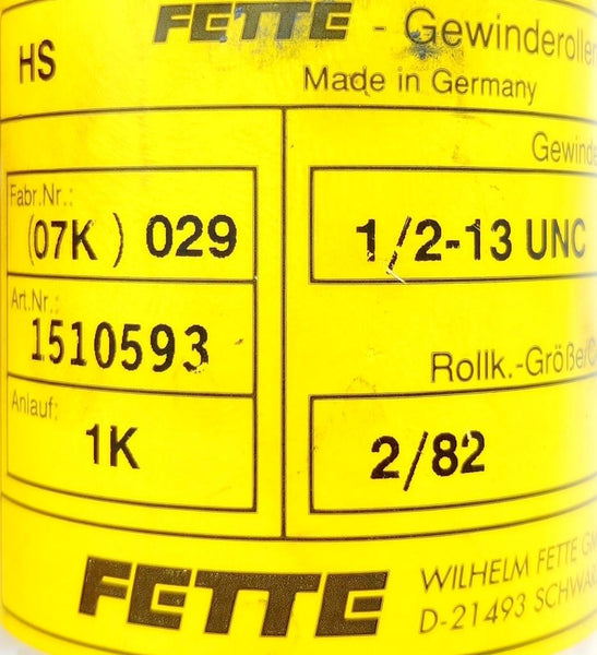 Fette 1/213 UNC / HS 3Piece Thread Rolling Die Set 1K / 1510593 / K7