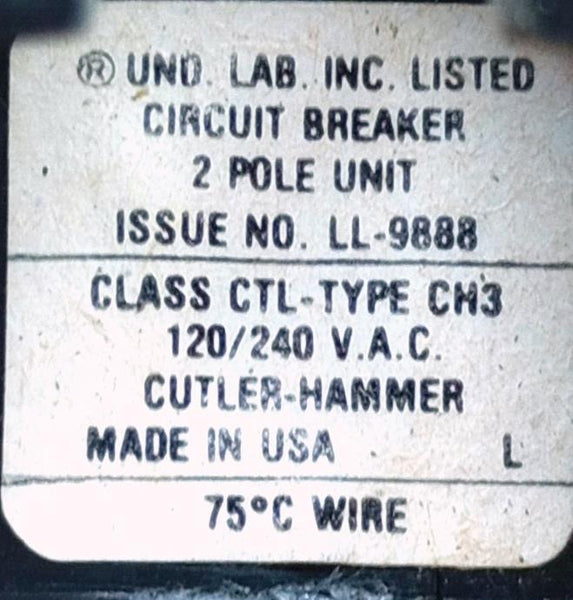 CutlerHammer CH32100 2Pole Circuit Breaker 100A 120/240VAC