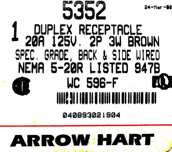 Arrow Hart 5352 Duplex Receptacle 20A 125V