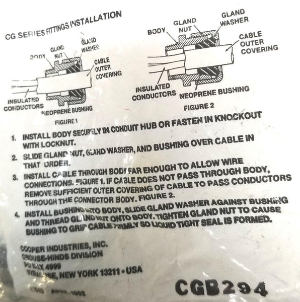 Cooper Crouse Hinds CGB294 CG Series Fittings Installation (Lot of 3)
