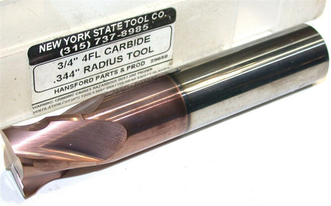 New York State Tool Co. 3/4" 4fl .344" radius Carbide End Mill New