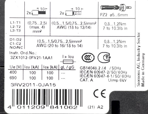 Siemens 3RV2011-0JA15 Motor Protection Circuit Breaker 0.7-1A 690VAC 3 ...