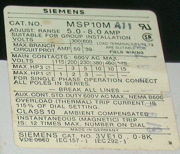 SIEMENS MANUAL MOTOR STARTER OVERLOAD RELAY 58 AMP MODEL MSP10M (5 AV