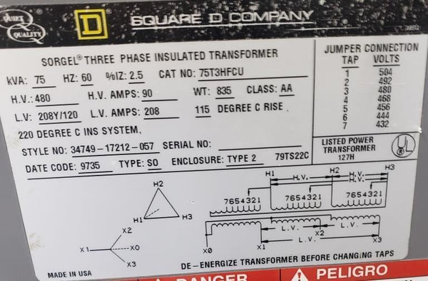 Square D 75T3HFCU 75 KVA Insulated Transformer 480V HV to 208Y/120V 3