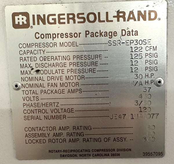 Ingersoll Rand SSREP30SE Rotary Screw Air Compressor 30 HP 122 CFM 12