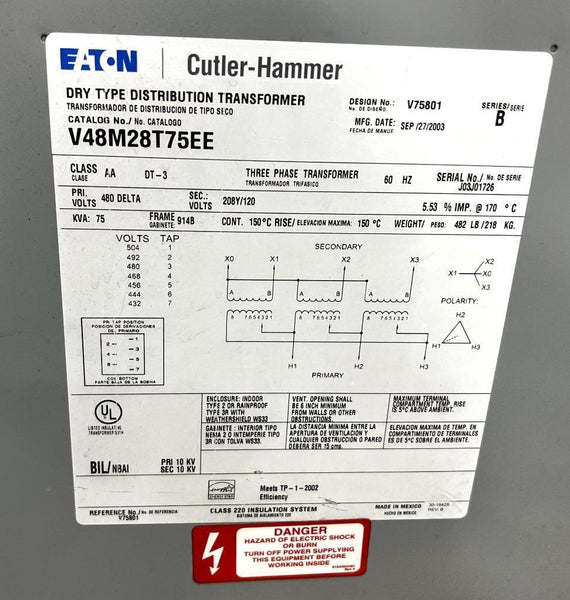 Eaton CutlerHammer V48M28T75EE 75 KVA Transformer 480V D to 208/120V
