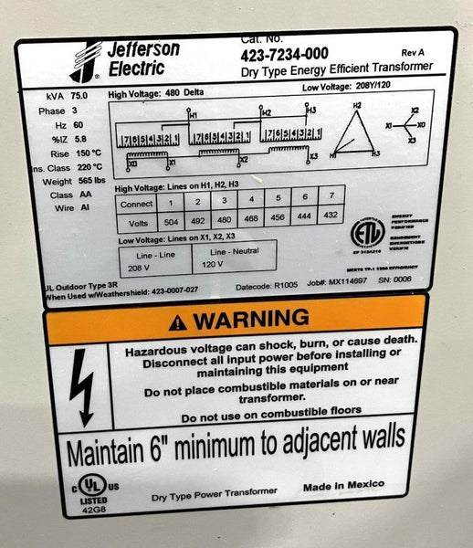 Jefferson Electric 4237234000 75 KVA Transformer 480V D to 208/120V