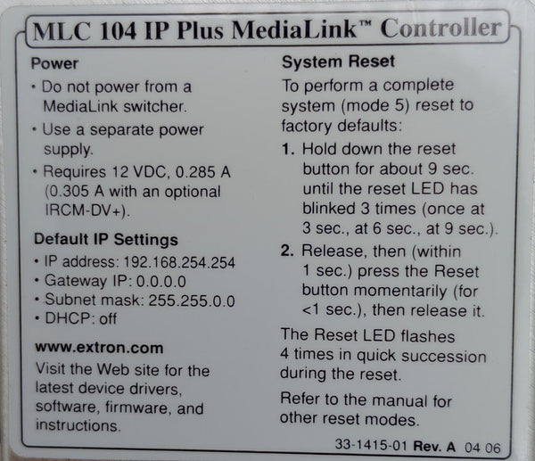 Extron MLC 104 IP Plus MediaLink LED Audio/Video Controller Wall Modul