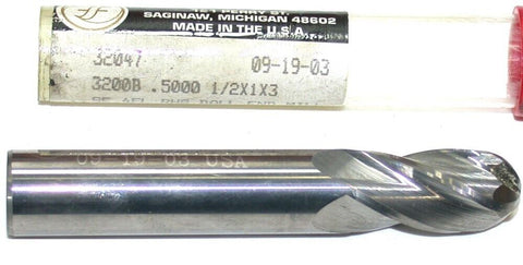 Fullerton 1/2" Diameter 4 Flute Uncoated Solid Carbide Ball End Mill 32047 New