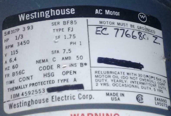 westinghouse ac motor Westinghouse Type FJ Single Phase AC Motor 1/3 HP 115 VAC
