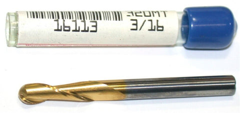 Garr Tool 2-Flute 3/16" Dia TiN Coated Carbide Spiral Flute Ball End Mill 16113