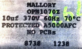 Mallory OPN1070A Capacitor 10MFD 370VAC 10uf 60Hz 70°C