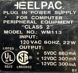 Heelpac WM113 Power Supply Class 2 Input 120VAC 60Hz 22W Output -12-5VDC