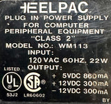 Heelpac WM113 Power Supply Class 2 Input 120VAC 60Hz 22W Output -12-5VDC