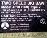 Rockwell 4310 968 Jigsaw Type 2 120VAC 2.6A 0.17HP 2400-3300 SPM 2 Speed