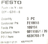 Festo QSY-G3/8-8 Push In Y Fitting FE18618 (Bag of 5)