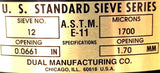 Dual Manufacturing No.12 Standard Sieve 8" Brass Size 14 1700 Microns 0.0661"