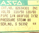 Asco 8263A301 2NC General Purpose Valve 110-120V 50-60Hz 1/4" Pipe 7/32" Orifice