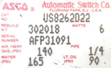 Asco US8262022 Solenoid Valve 6W 140psi Air 160psi Water 90psi Lt. Oil 1/4" Pipe