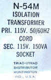 Triad N-54M Isolation Transformer Primary 115V 50-60Hz Cord Secondary 115VA 115V