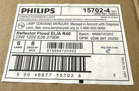 Philips 15702-4 Reflector Flood Light Bulb EL/A R40 23W 120V 2700K (Bo