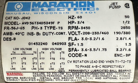 P Jet Unit Marathon Electric AVD 56T34D5349F P Jet Pump Motor 3/4 HP 3450 RPM 230