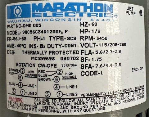 P Jet Unit Marathon 9QC56C34D1200F P Jet Pump Motor 1/3 HP 3450 RPM 115/230V DM0