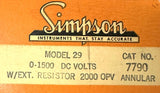 Simpson 29 Rectangular Analog Panel Voltmeter 7790 0-1500 VDC 2000 OPV