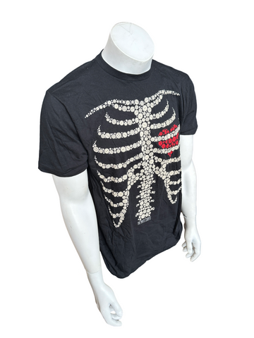 Bay Island Men's The White Stripe Skeleton Heart Graphic Black Shirt Size Large