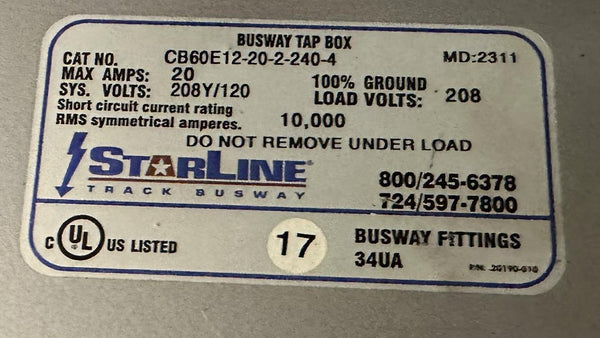 Starline CB60E12-20-2-240-4 Busway Tap Box 20A 208Y/120 VAC 100% Groun