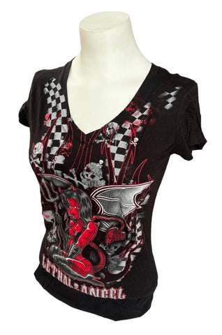 Next Level Women's Lethal Angel Devil Graphic Black Short Sleeve Shirt Size S