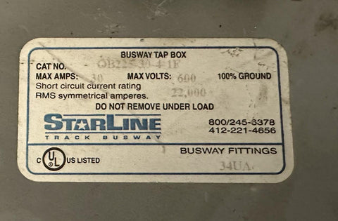 Starline OB225-30-4-1F Busway Tap Box 30A 600 VAC 100% Ground