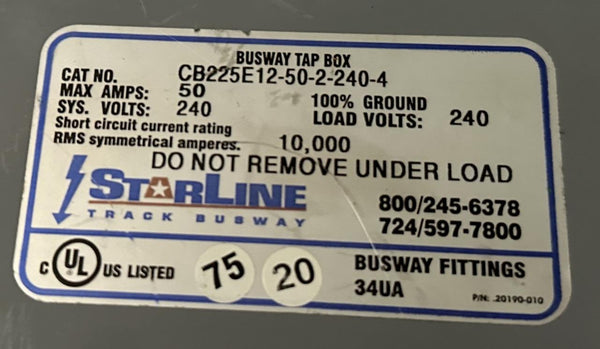 Starline CB225E12-50-2-240-4 Busway Tap Box 50A 240 VAC 100% Ground
