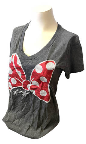 Disney Store Women's Minnie Mouse Glitter Bow Gray Short Sleeve Shirt Size M