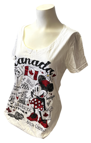 Disney Store Women's Minnie Mouse Glitter Canada Graphic White Shirt Size Medium