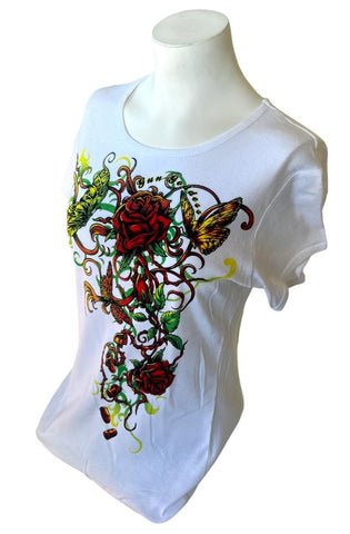 Gun Goddess Women's Flower Graphic White Short Sleeve Shirt Size Large