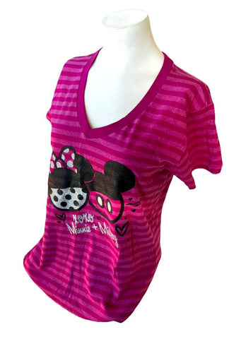 Disney Store Women's Mickey & Minnie Mouse XOXO Pink Glitter Shirt Size Medium